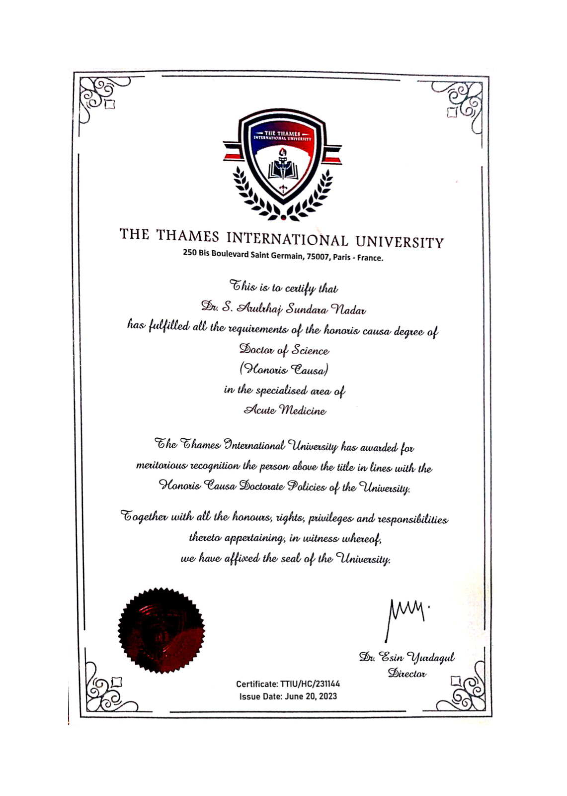 Doctor of Science (Honoris Causa) in Acute Medicine certificate