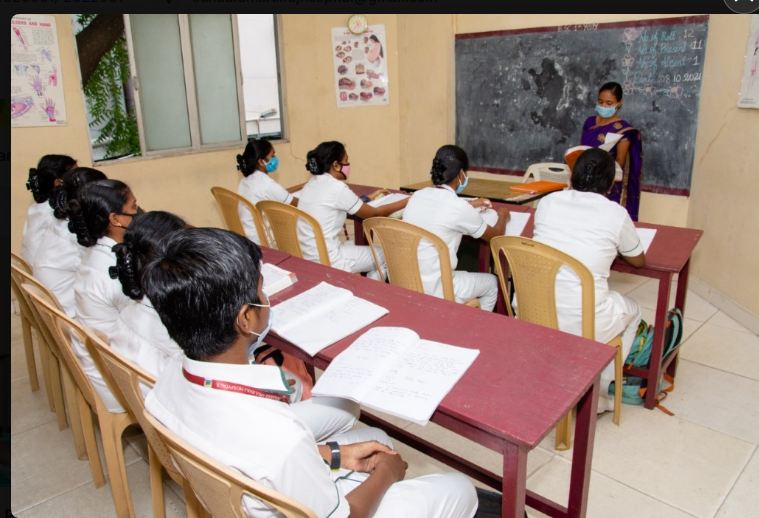 Nursing students in a classroom training session